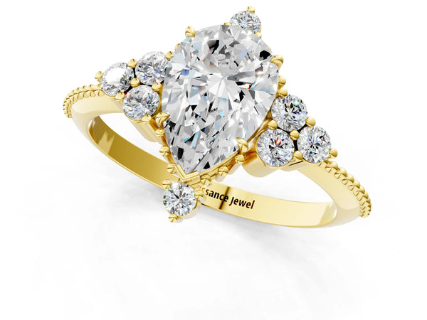 Yellow gold Pear Cut Brilliant Diamond with Cluster Setting on a Beaded Band and Four-Prong Setting