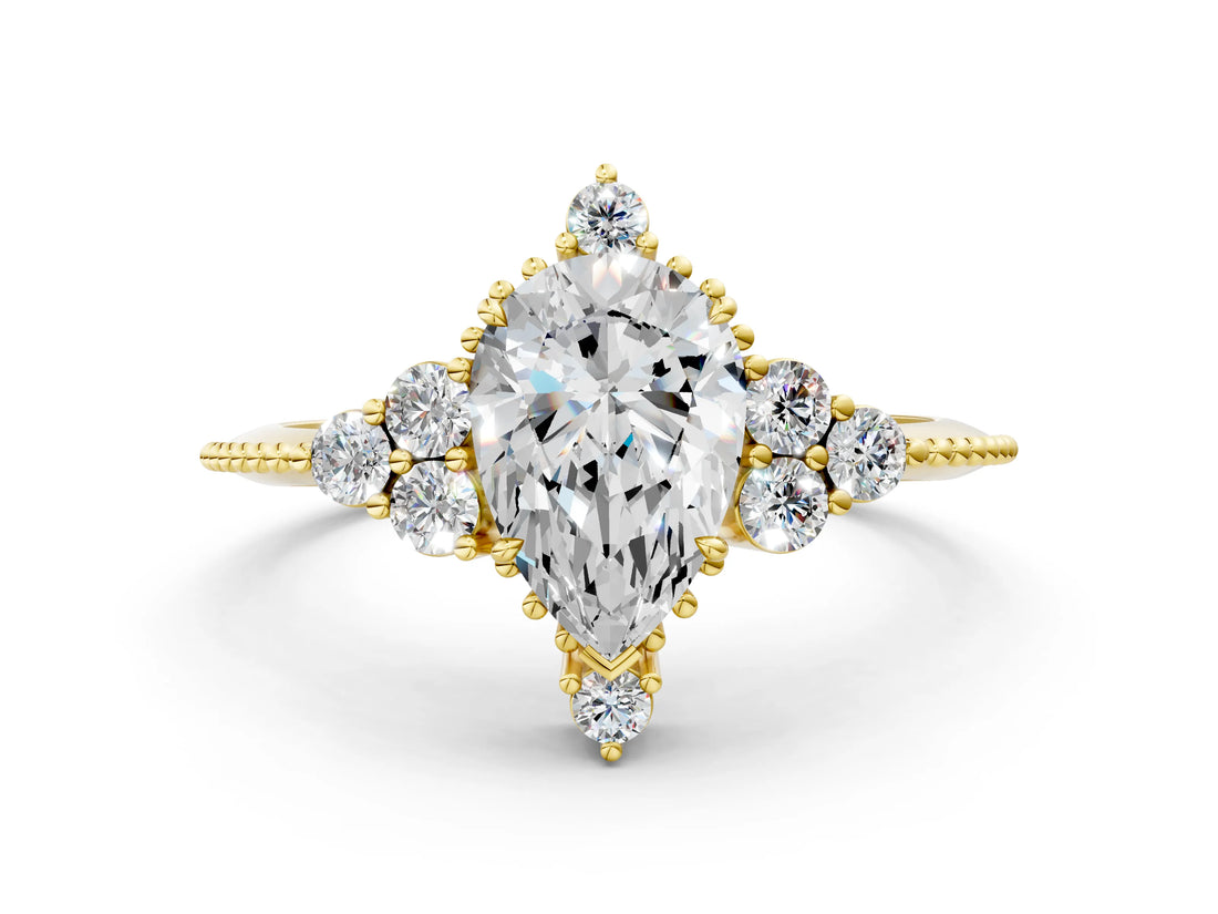 Yellow gold Pear Cut Brilliant Diamond with Cluster Setting on a Beaded Band and Four-Prong Setting_3