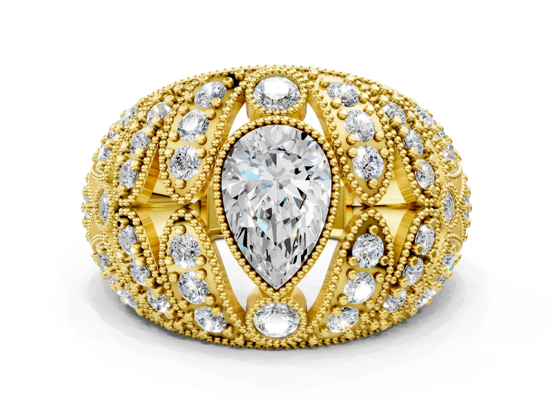 Yellow gold Pear Cut Brilliant Halo Pave Diamond Milgrain Ring_13