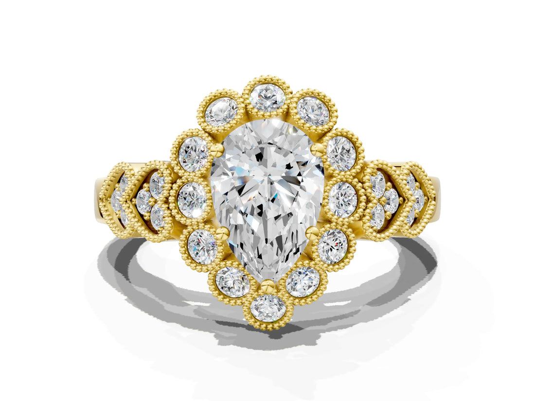 Yellow gold Pear Cut Brilliant Milgrain Pave Heart Band Solitaire Ring_3