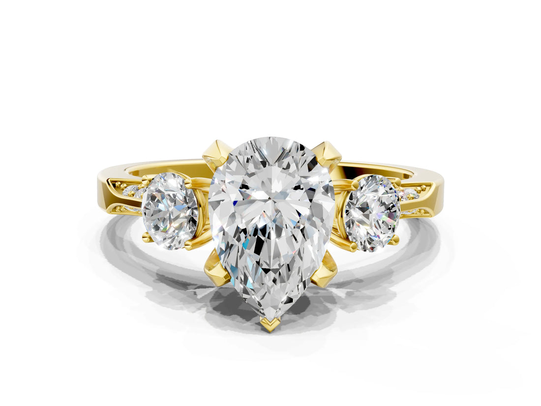 Yellow gold Pear Cut Brilliant Three-Stone Diamond Ring with Pavé Band and Four-Prong Setting_3