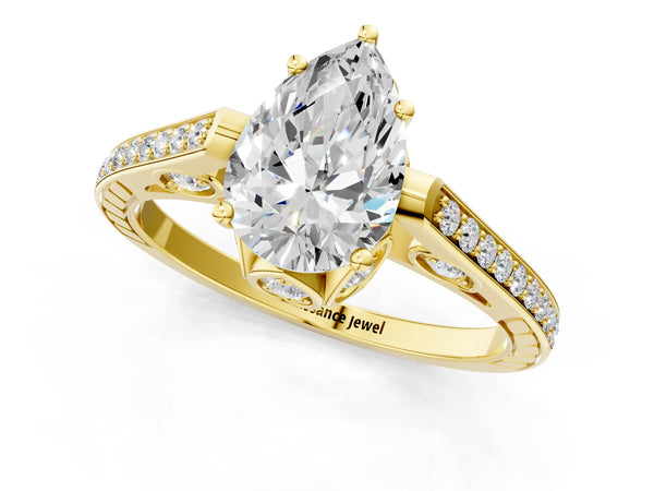Yellow Gold Pear-Shaped Cathedral Engagement Ring Setting with Pave Shoulders