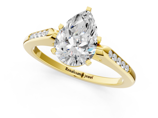 Yellow Gold Pear-Shaped Solitaire Engagement Ring Setting with Tapered Channel Set Round Accents