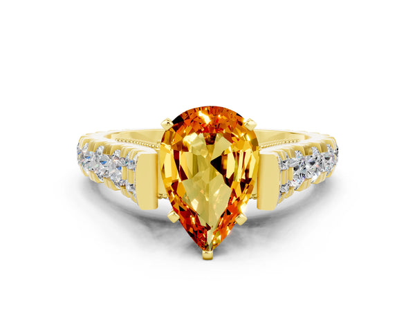 Yellow gold Pear Cut Citrine Classic Solitaire Ring with Pavé Band and Four-Prong Setting