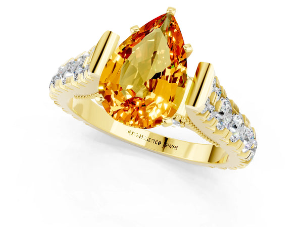 Yellow gold Pear Cut Citrine Classic Solitaire Ring with Pavé Band and Four-Prong Setting