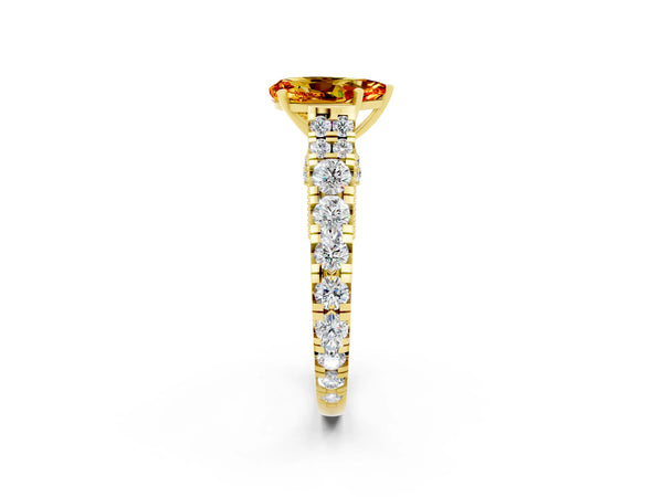 Yellow gold Pear Cut Citrine Classic Solitaire Ring with Pavé Band and Four-Prong Setting