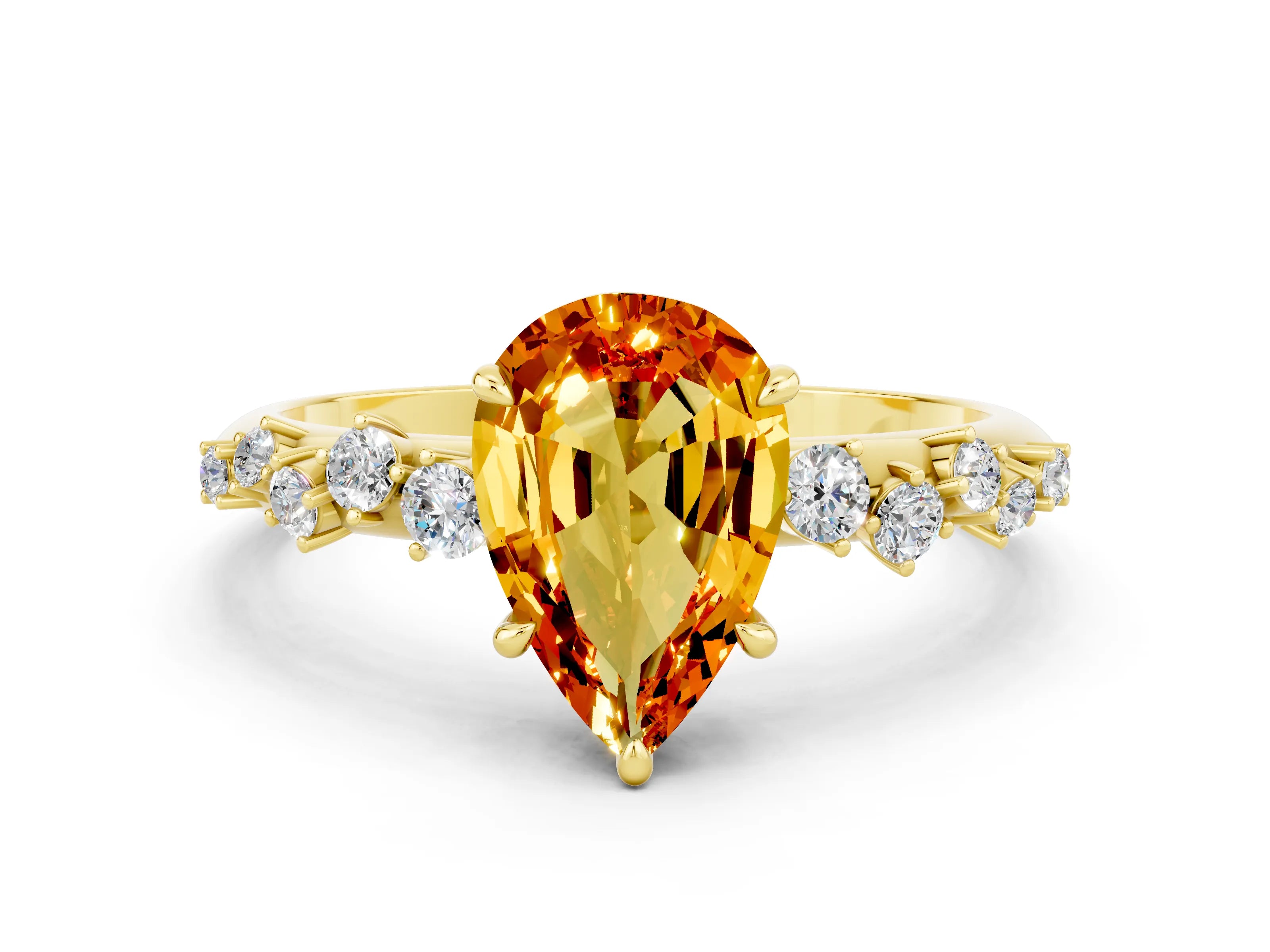 Yellow gold Pear Cut Citrine Cluster Side Stone Solitaire Ring with Prong Setting_24
