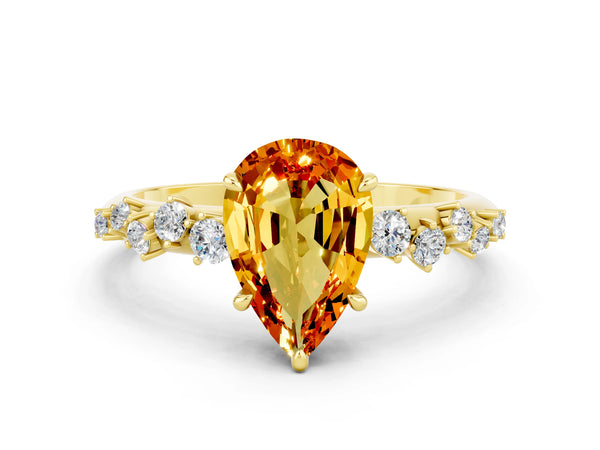 Yellow gold Pear Cut Citrine Cluster Side Stone Solitaire Ring with Prong Setting