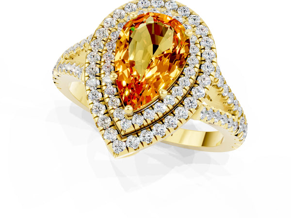 Yellow gold Pear Cut Citrine Double Halo Ring with Pavé Band and Prong Setting