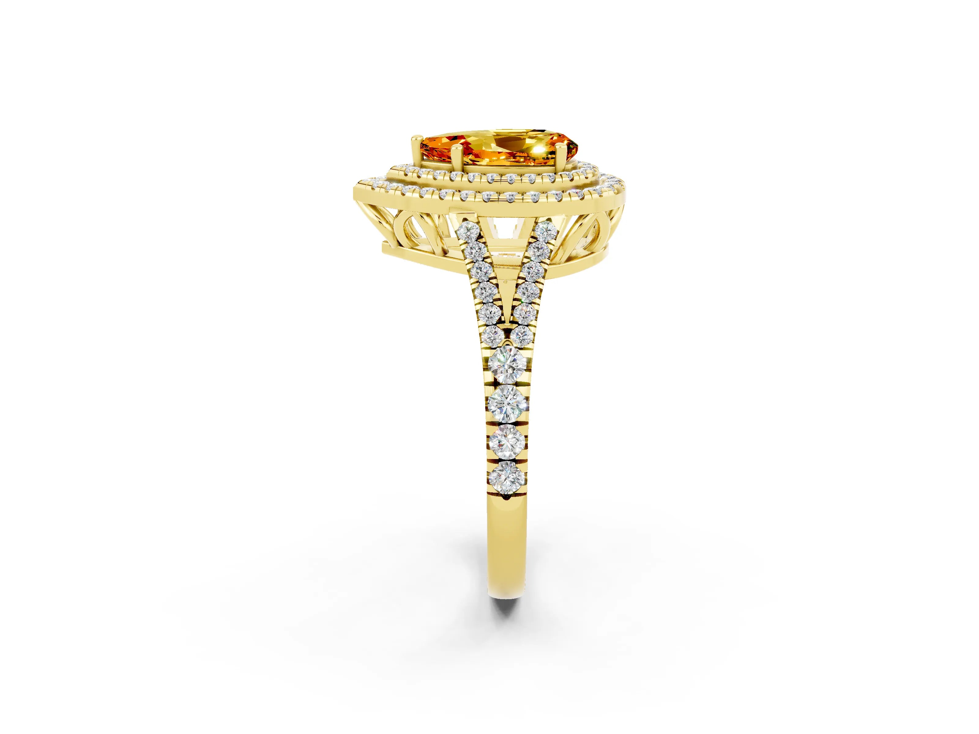 Yellow gold Pear Cut Citrine Double Halo Ring with Pavé Band and Prong Setting_26