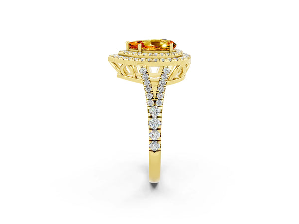 Yellow gold Pear Cut Citrine Double Halo Ring with Pavé Band and Prong Setting