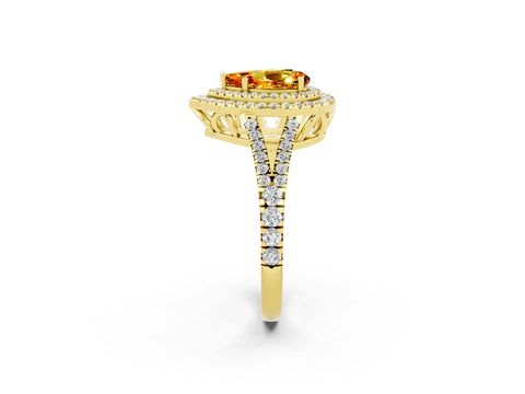 Yellow gold Pear Cut Citrine Double Halo Ring with Pavé Band and Prong Setting_26