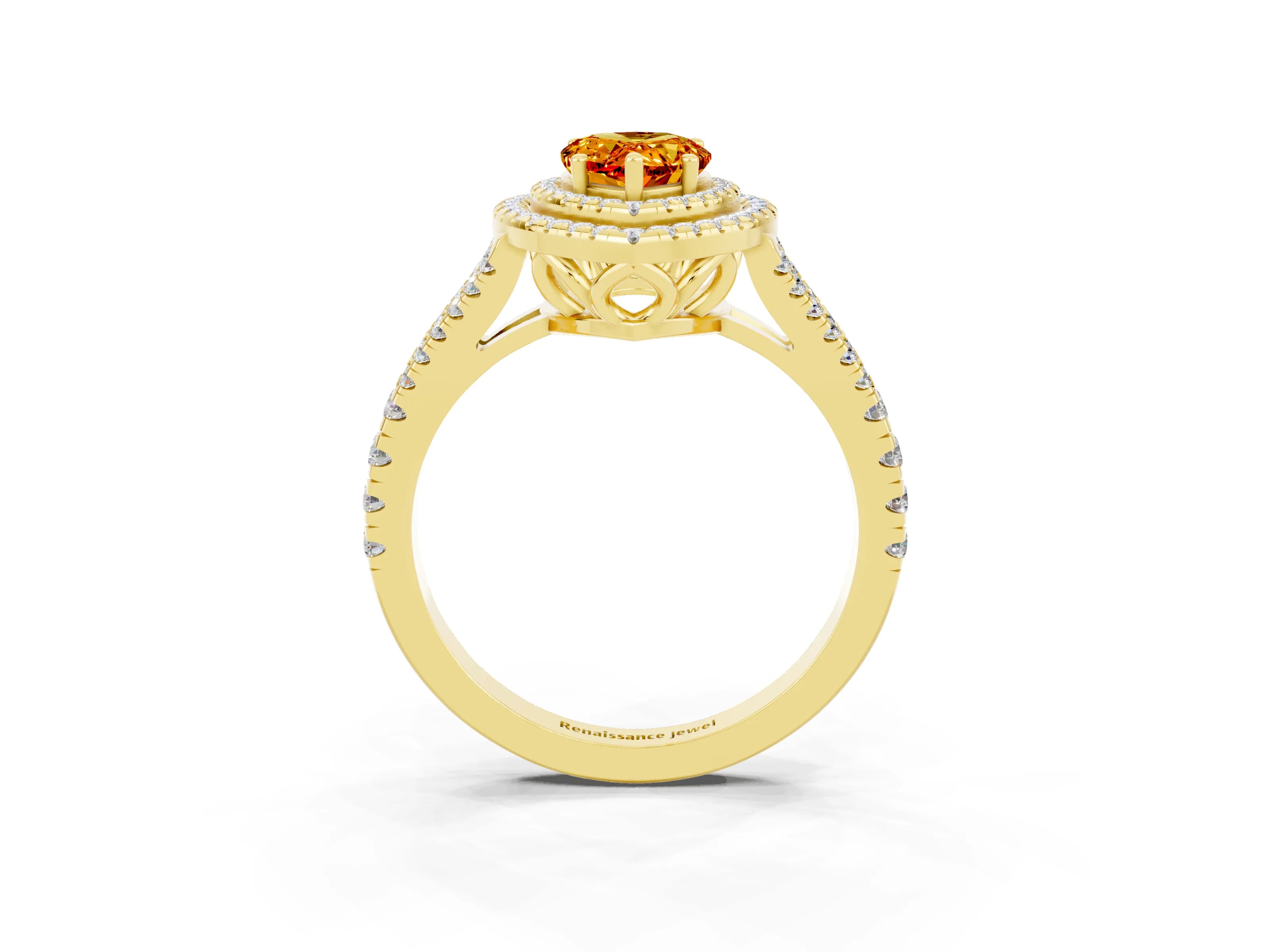 Yellow gold Pear Cut Citrine Double Halo Ring with Pavé Band and Prong Setting_27
