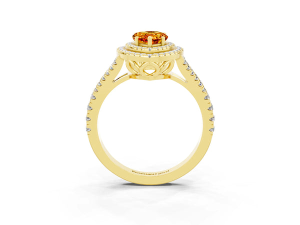 Yellow gold Pear Cut Citrine Double Halo Ring with Pavé Band and Prong Setting