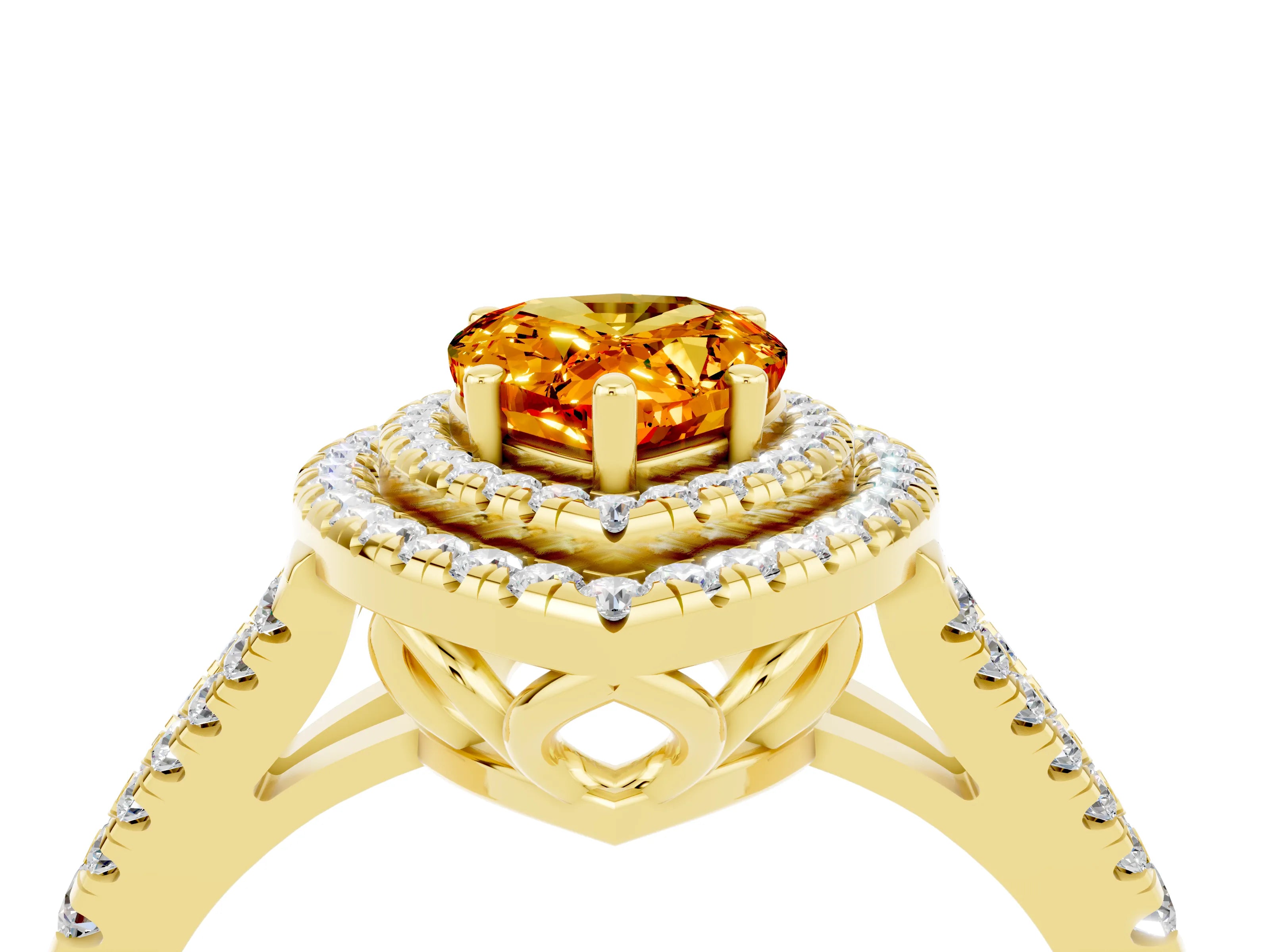 Yellow gold Pear Cut Citrine Double Halo Ring with Pavé Band and Prong Setting_28