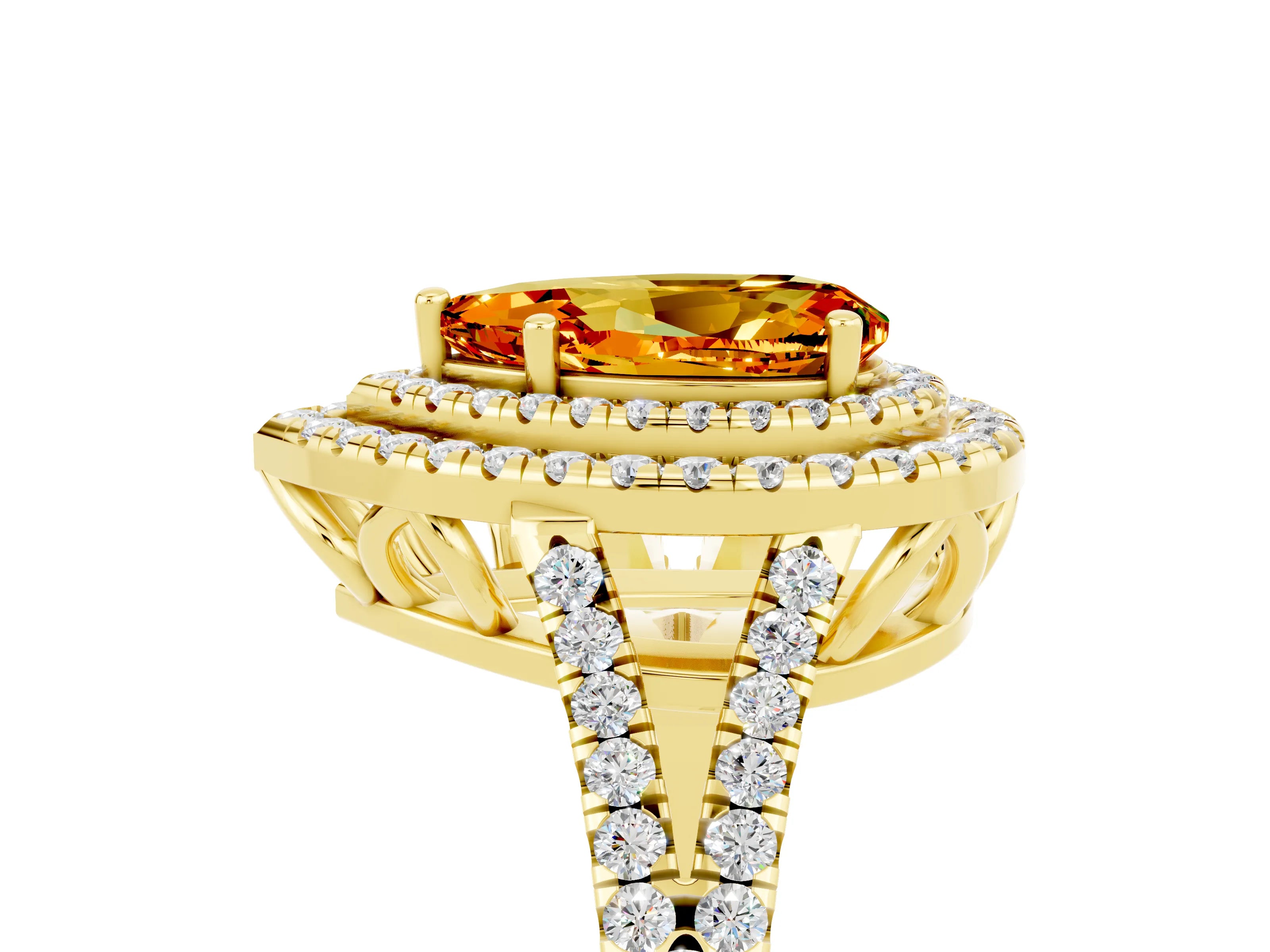 Yellow gold Pear Cut Citrine Double Halo Ring with Pavé Band and Prong Setting_29
