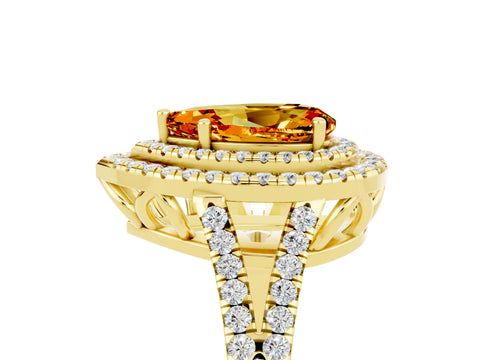 Yellow gold Pear Cut Citrine Double Halo Ring with Pavé Band and Prong Setting_29