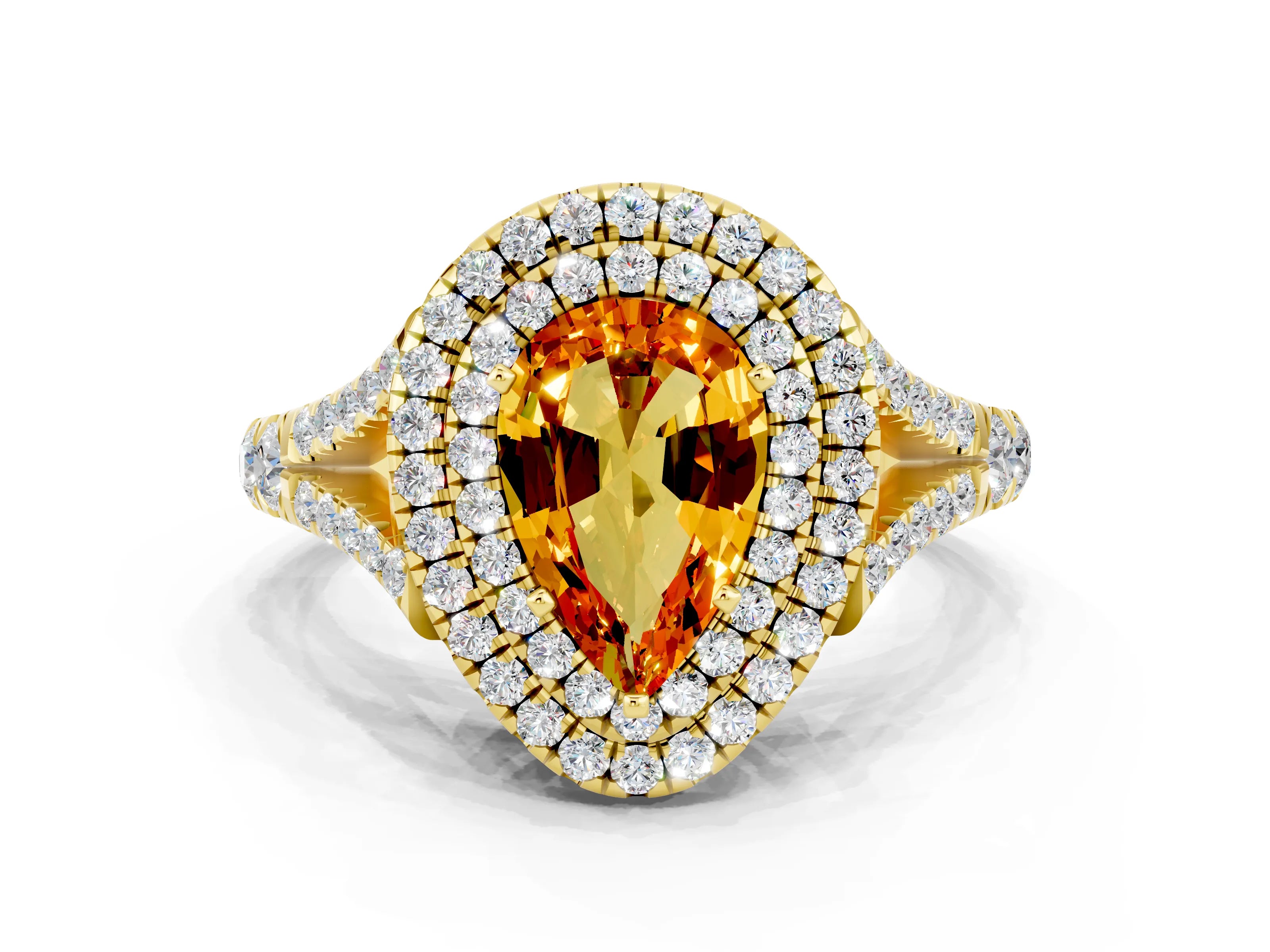 Yellow gold Pear Cut Citrine Double Halo Ring with Split Shank and Prong Setting_12