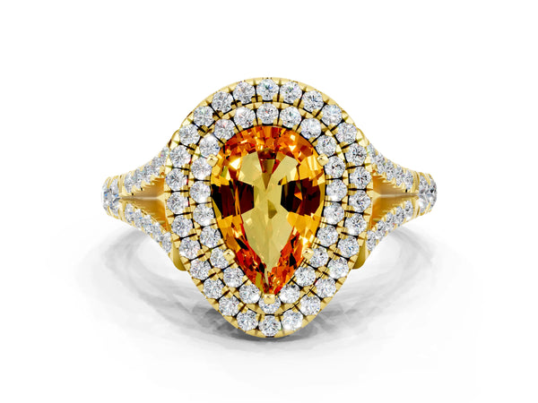 Yellow gold Pear Cut Citrine Double Halo Ring with Split Shank and Prong Setting