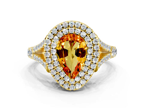 Yellow gold Pear Cut Citrine Double Halo Ring with Split Shank and Prong Setting_12