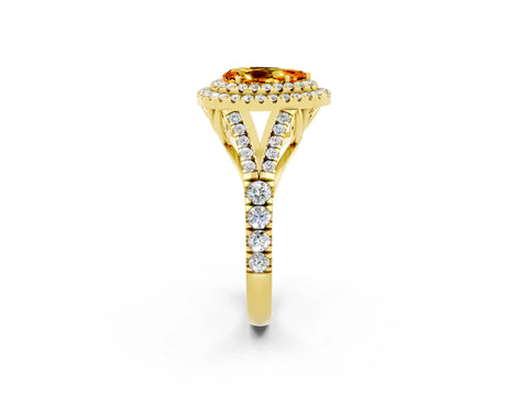 Yellow gold Pear Cut Citrine Double Halo Ring with Split Shank and Prong Setting_14