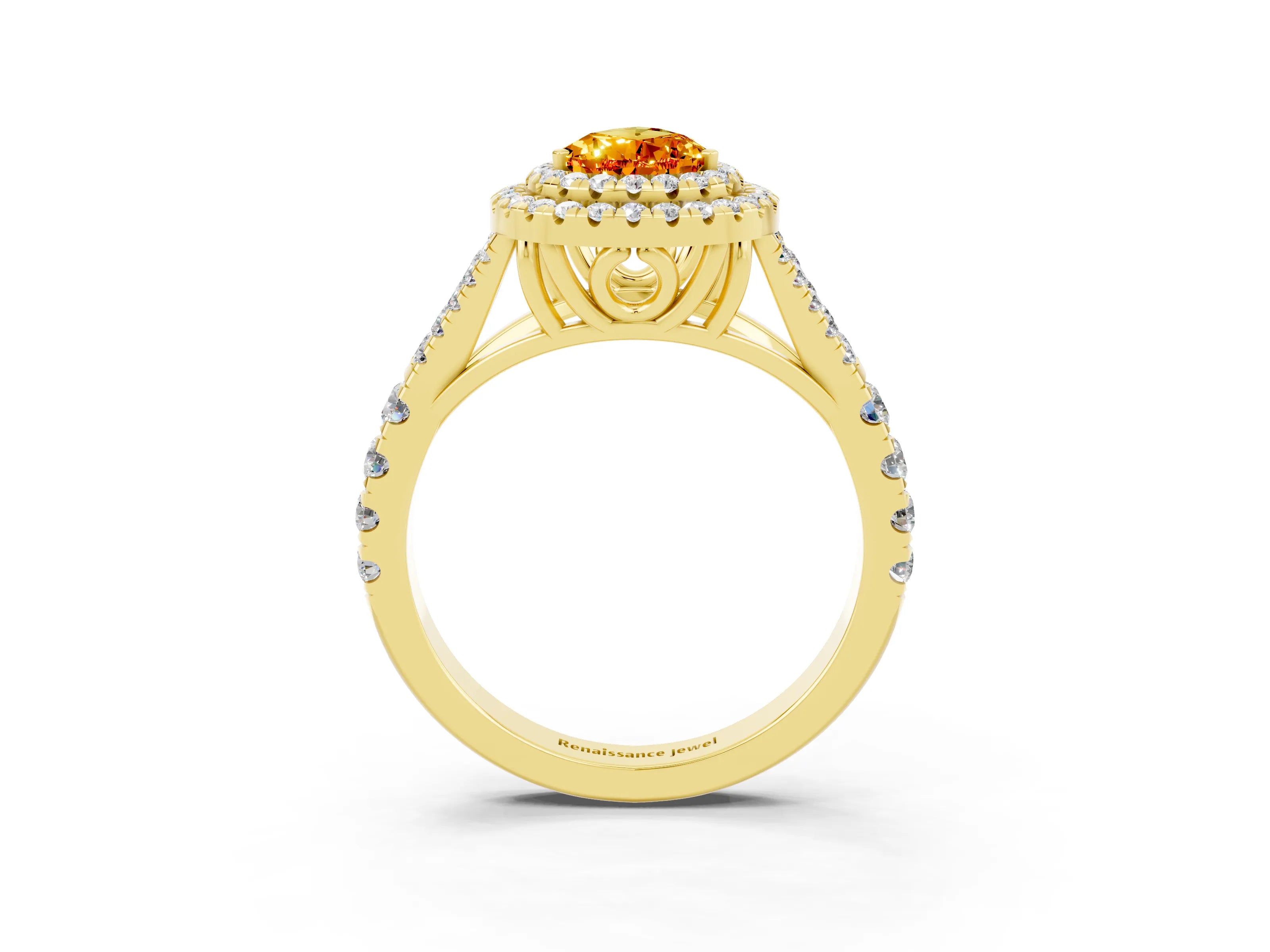Yellow gold Pear Cut Citrine Double Halo Ring with Split Shank and Prong Setting_15