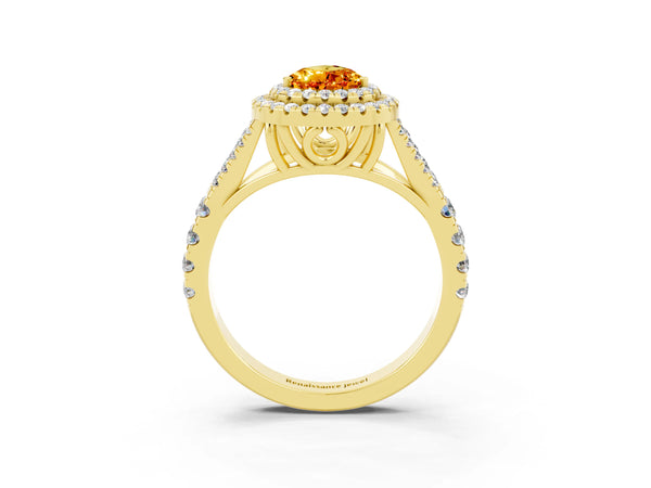 Yellow gold Pear Cut Citrine Double Halo Ring with Split Shank and Prong Setting
