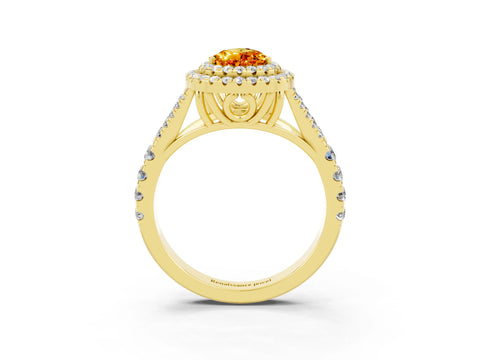 Yellow gold Pear Cut Citrine Double Halo Ring with Split Shank and Prong Setting_15