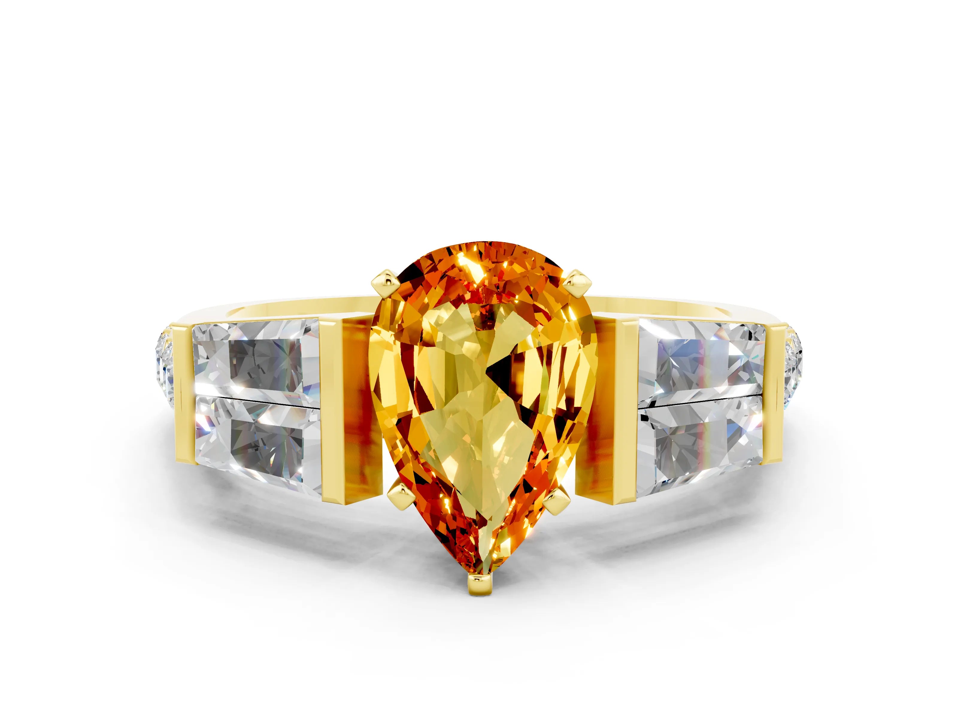 Yellow gold Pear Cut Citrine Engagement Ring with Baguette Side Stones and Channel Set Band