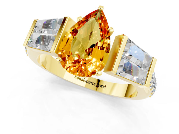 Yellow gold Pear Cut Citrine Engagement Ring with Baguette Side Stones and Channel Set Band