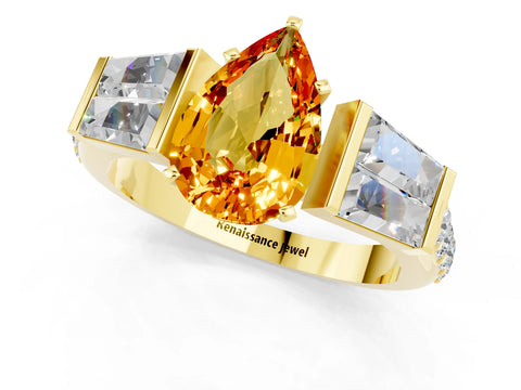 Yellow gold Pear Cut Citrine Engagement Ring with Baguette Side Stones and Channel Set Band_1