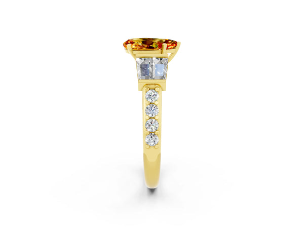 Yellow gold Pear Cut Citrine Engagement Ring with Baguette Side Stones and Channel Set Band