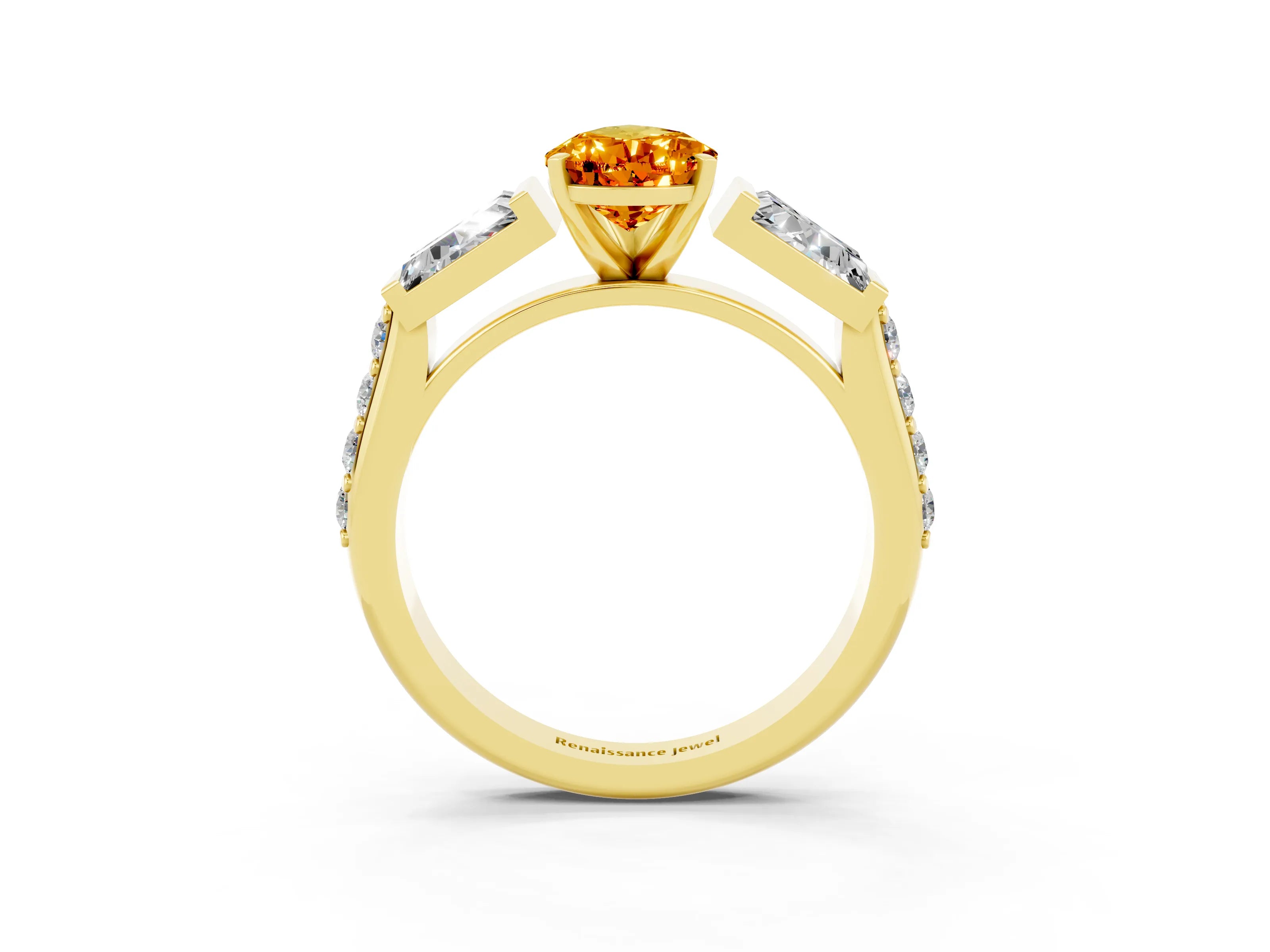 Yellow gold Pear Cut Citrine Engagement Ring with Baguette Side Stones and Channel Set Band_3