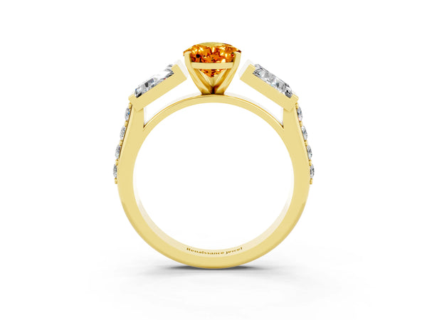 Yellow gold Pear Cut Citrine Engagement Ring with Baguette Side Stones and Channel Set Band