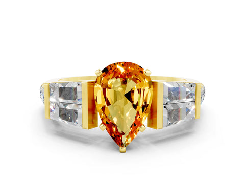 Yellow gold Pear Cut Citrine Engagement Ring with Baguette Side Stones and Channel Set Band