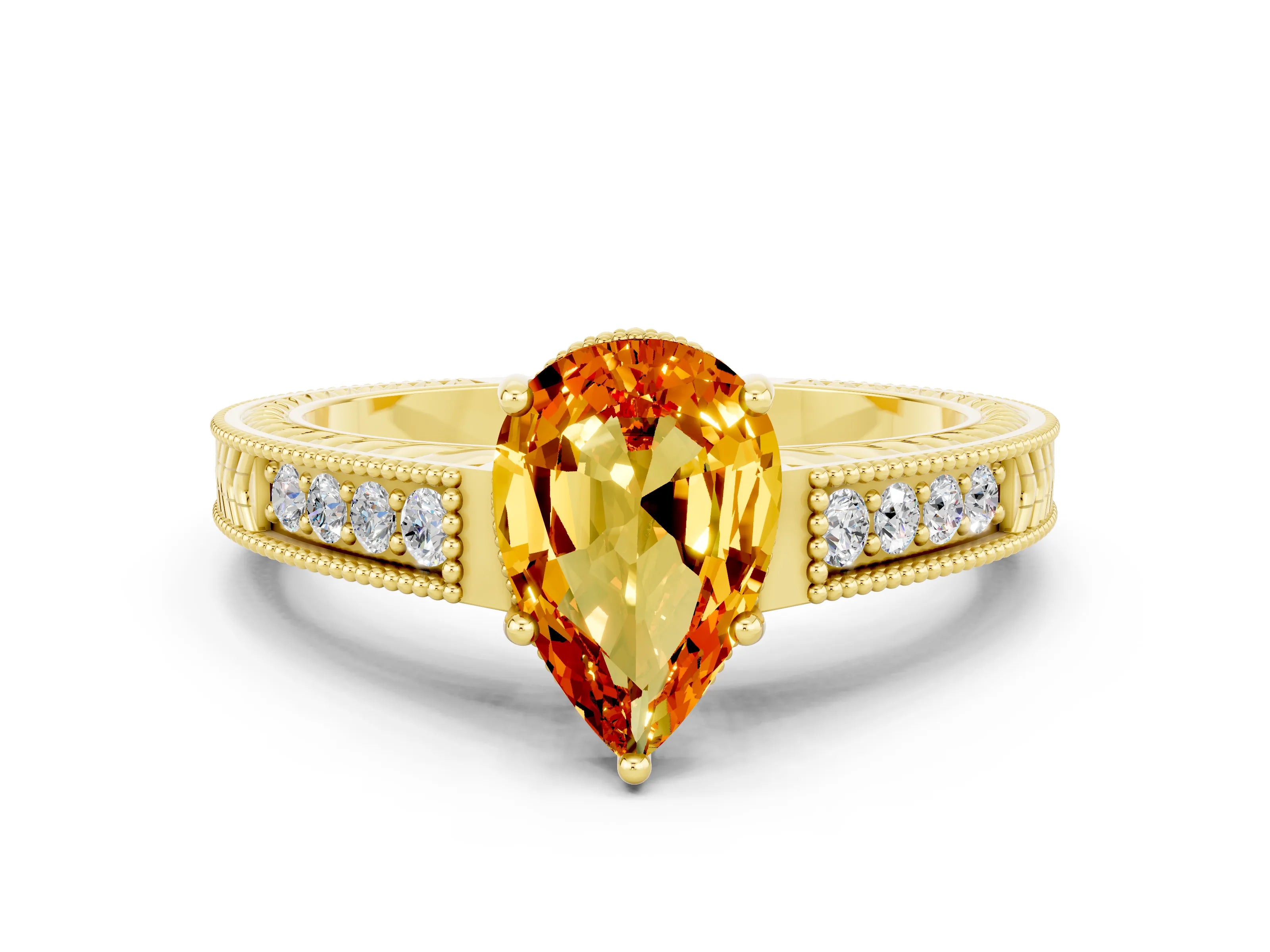 Yellow gold Pear Cut Citrine Engagement Ring with Milgrain Channel Set Band and Prong Setting