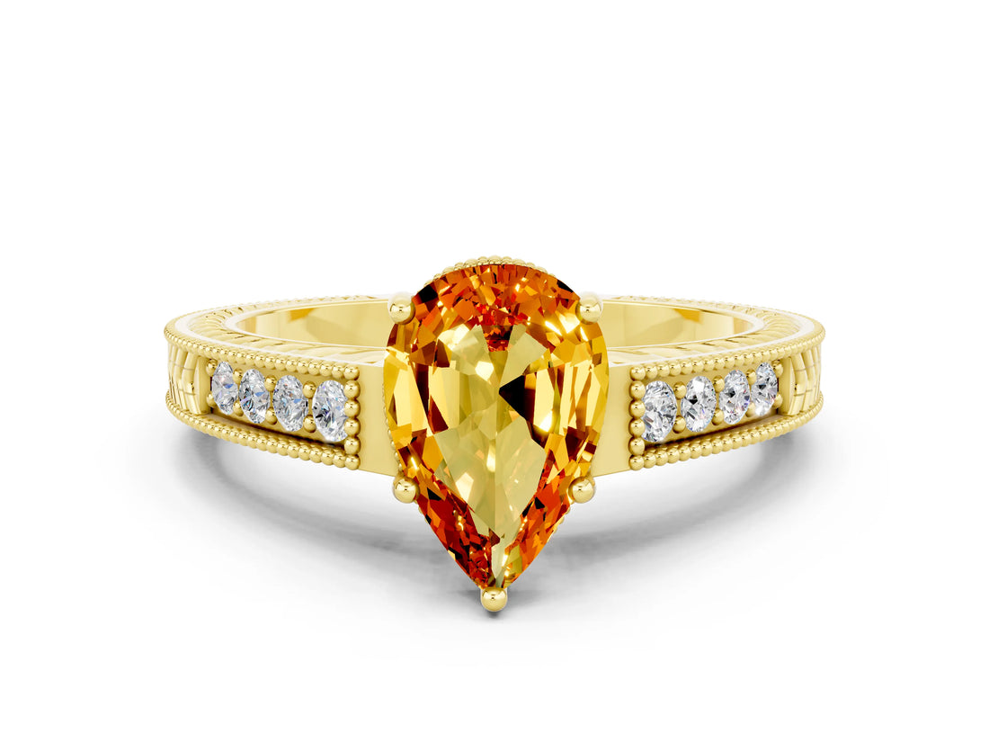 Yellow gold Pear Cut Citrine Engagement Ring with Milgrain Channel Set Band and Prong Setting