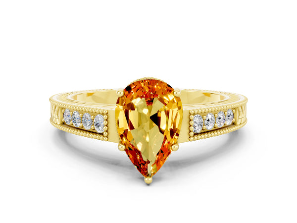 Yellow gold Pear Cut Citrine Engagement Ring with Milgrain Channel Set Band and Prong Setting