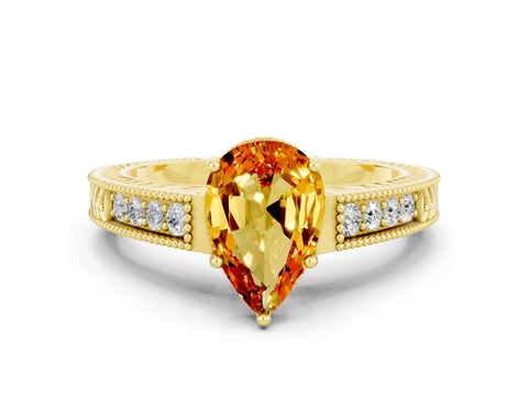 Yellow gold Pear Cut Citrine Engagement Ring with Milgrain Channel Set Band and Prong Setting
