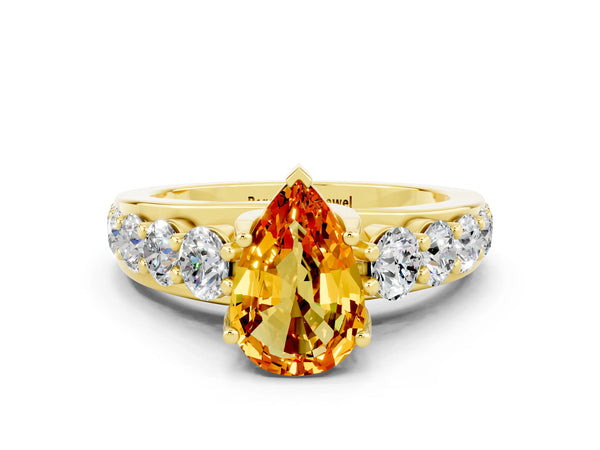 Yellow gold Pear Cut Citrine Engagement Ring with Pavé Band and Four-Prong Setting