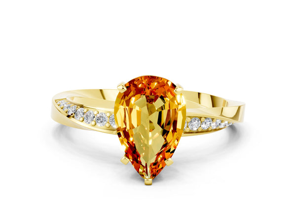 Yellow gold Pear Cut Citrine Engagement Ring with Side Stone Accents and Four-Prong Setting