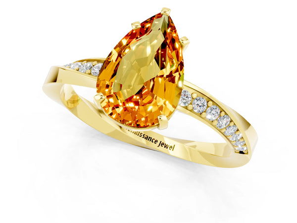 Yellow gold Pear Cut Citrine Engagement Ring with Side Stone Accents and Four-Prong Setting