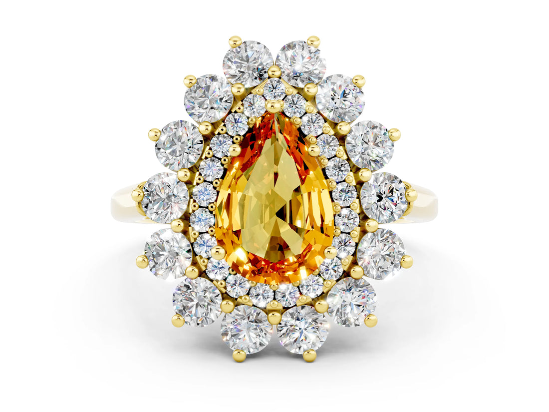 Yellow gold Pear Cut Citrine Floral Double Halo Engagement Ring with Prong Setting_60