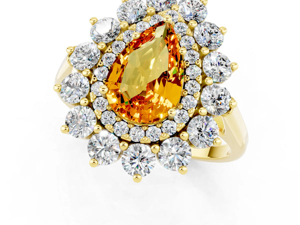 Yellow gold Pear Cut Citrine Floral Double Halo Engagement Ring with Prong Setting
