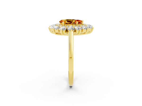 Yellow gold Pear Cut Citrine Floral Double Halo Engagement Ring with Prong Setting