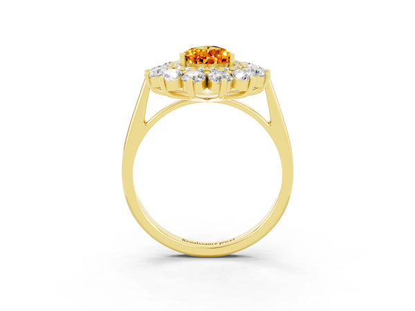 Yellow gold Pear Cut Citrine Floral Double Halo Engagement Ring with Prong Setting