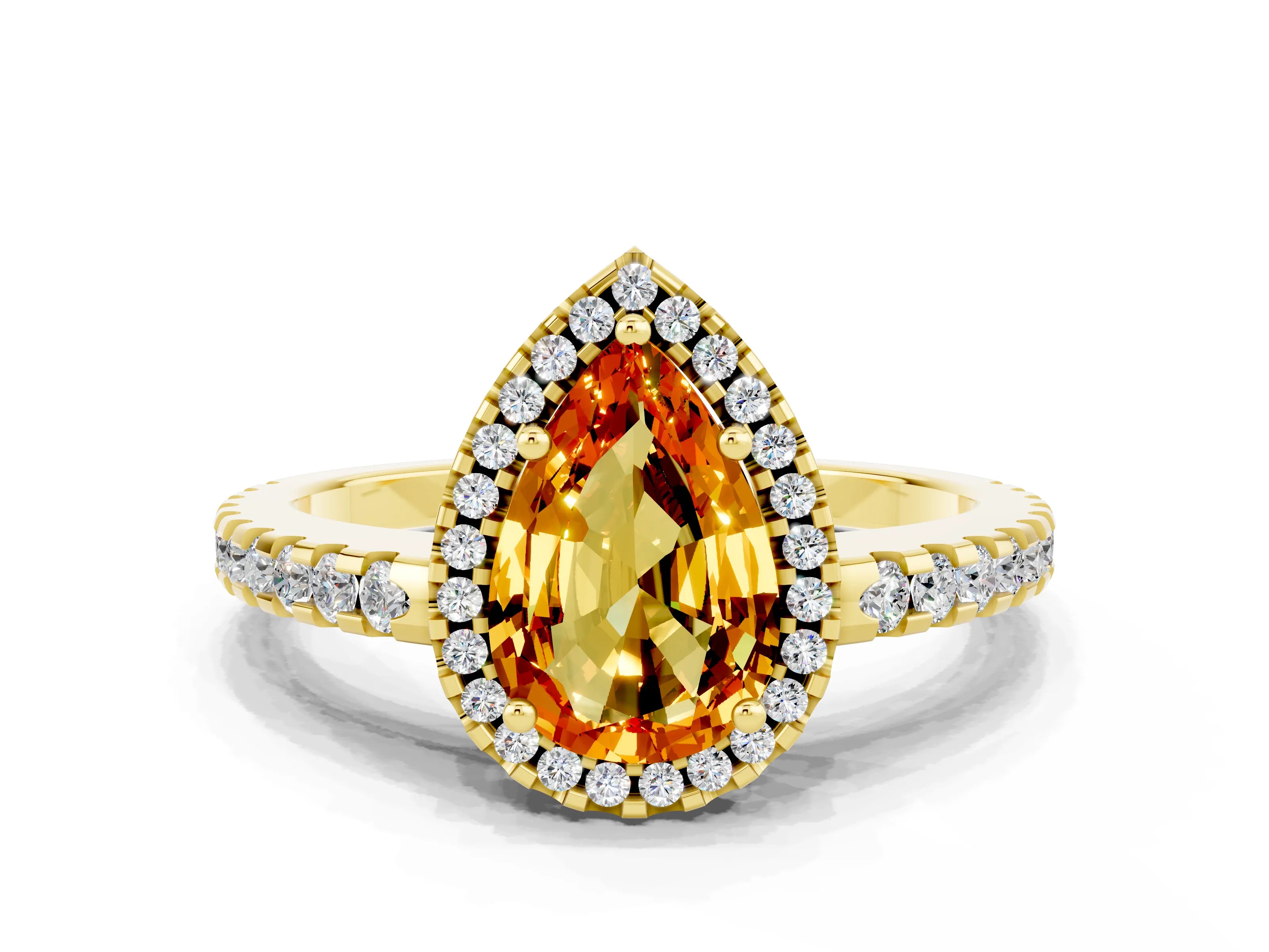 Yellow gold Pear Cut Citrine Halo Engagement Ring with Pavé Band and Prong Setting_12