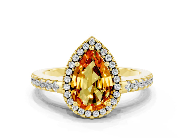 Yellow gold Pear Cut Citrine Halo Engagement Ring with Pavé Band and Prong Setting