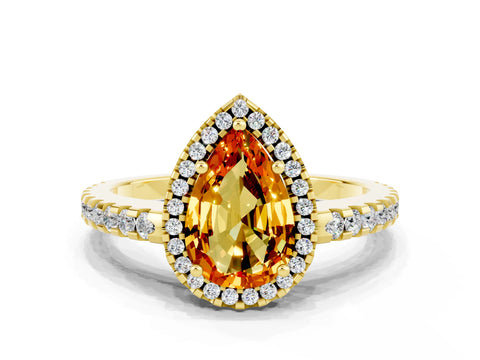 Yellow gold Pear Cut Citrine Halo Engagement Ring with Pavé Band and Prong Setting_12