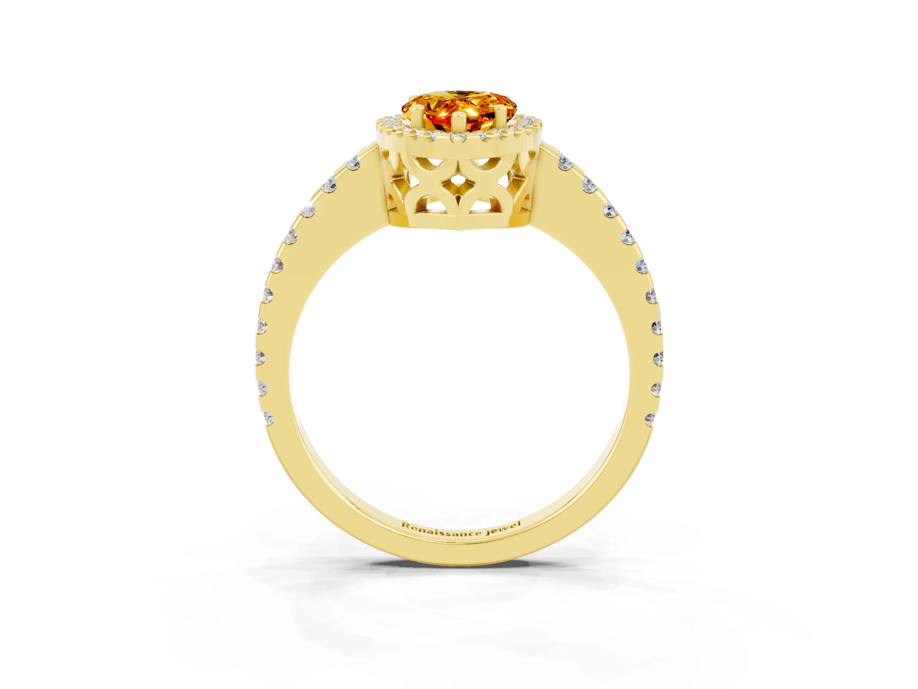 Yellow gold Pear Cut Citrine Halo Engagement Ring with Pavé Band and Prong Setting_15
